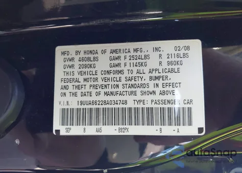 2008 Acura Tl 3.2 из США, поврежденный, VIN 19UUA66228A034748